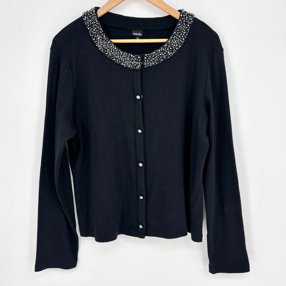 Rafaella Black Pearl Collar Button-Down Black Cardigan Sweater Size XL - Picture 2 of 4